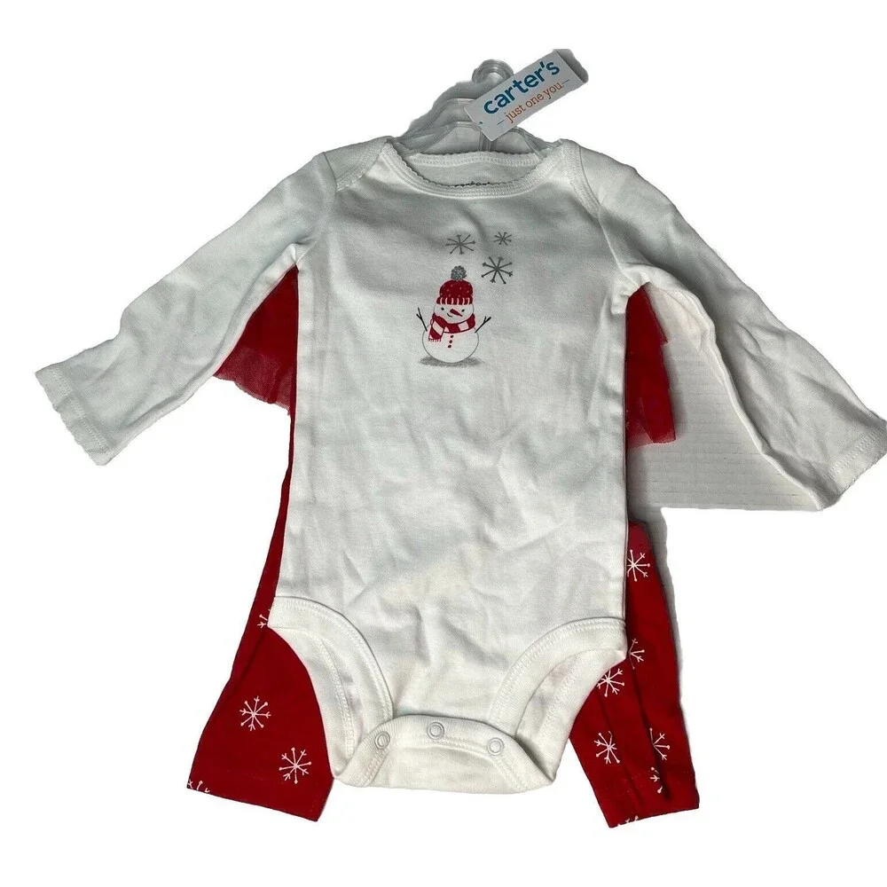 Carter's Red & White Baby Girls Christmas Holiday Snowman Snowflake Tutu Set NEW